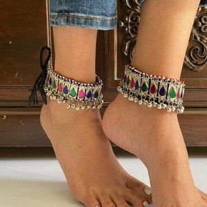 Vintage Afghan Anklets, Anklets Pair, Anklets With Beads And Glass Stones,